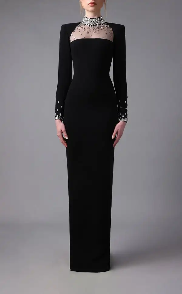 

Длинные платья из джерси в стиле ретро со стразами, прямые длинные платья с высоким воротником, платья на заказ, модные простые изысканные подходящие