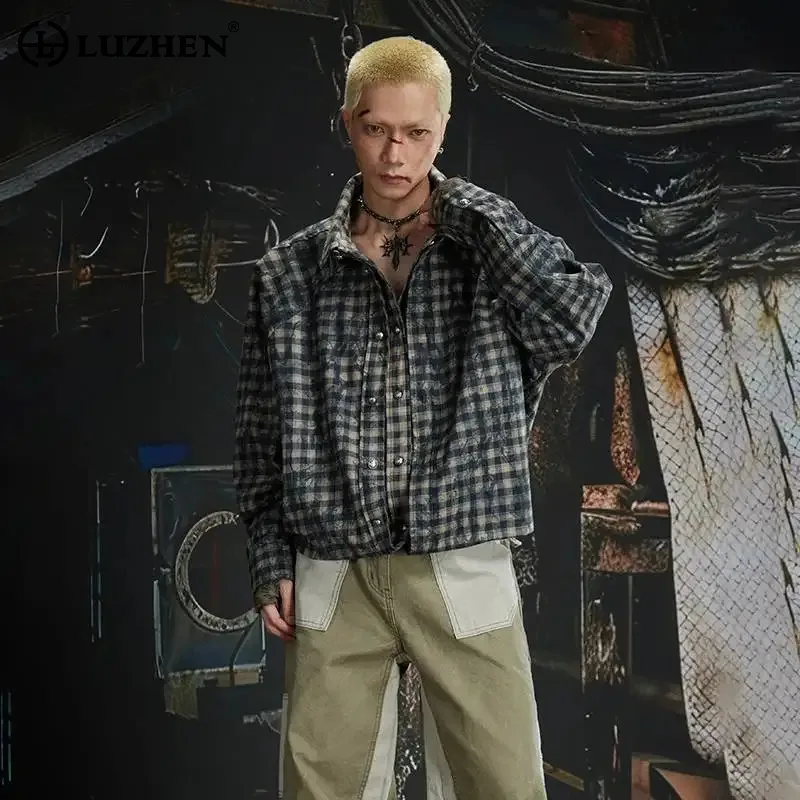LUZHEN Plaid 2026 New Original Wornout Vintage Printed Style Casual Jacket Men's Fashion Double Layer Fake Two Piece Coat JY8564
