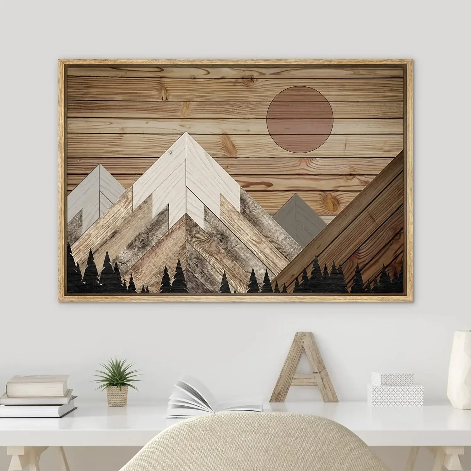 FramedCanvas Print Wall Mountain Forest Nature Wilderness Wood Panels Modern Art Rustic Landscape for Living Room,Bedroom,Office