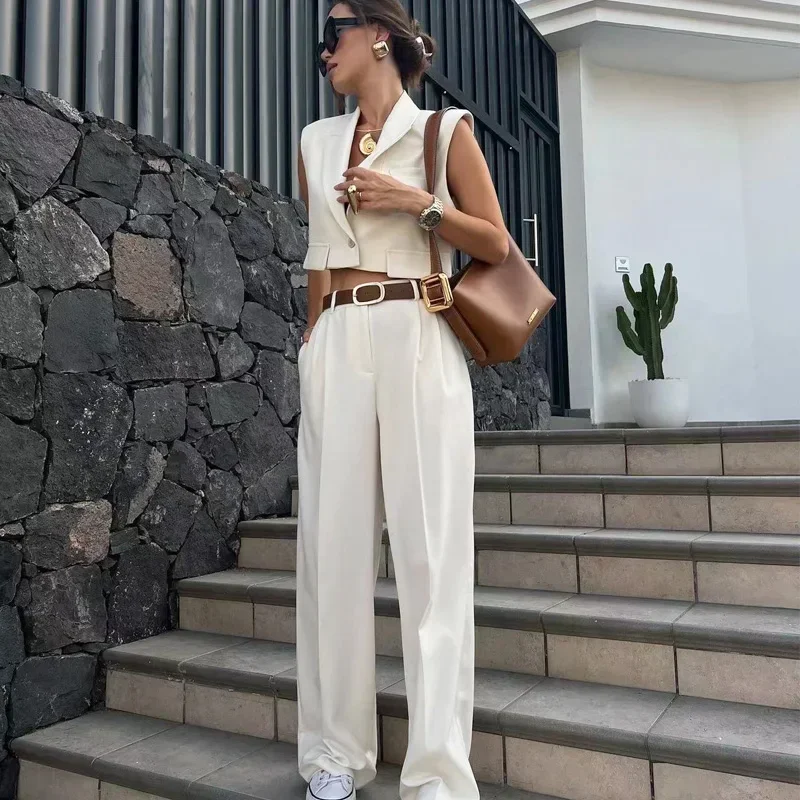 TRAF 2 Pieces Outfit 2024 Summer  Pants Sets For Women Trousers Sets Cropped Tank Vest Top Baggy Pants Elegant Women\'s Suit