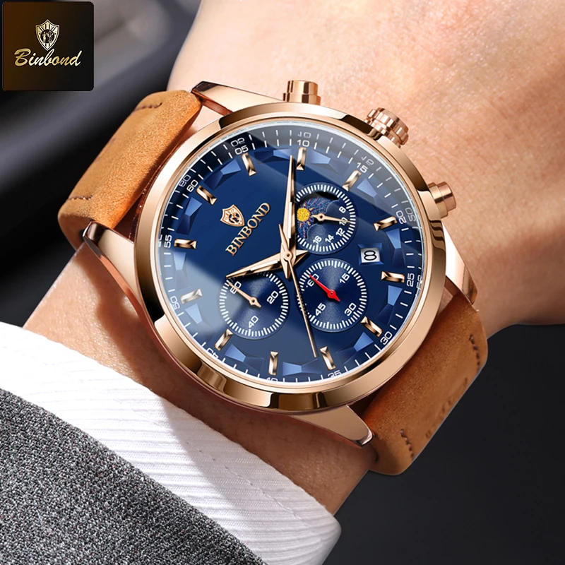BINBOND Luxury Man Quartz Watch Waterproof Luminous Pointer Date Chronograph Leather Men Wristwatch Military Sports Male Watches