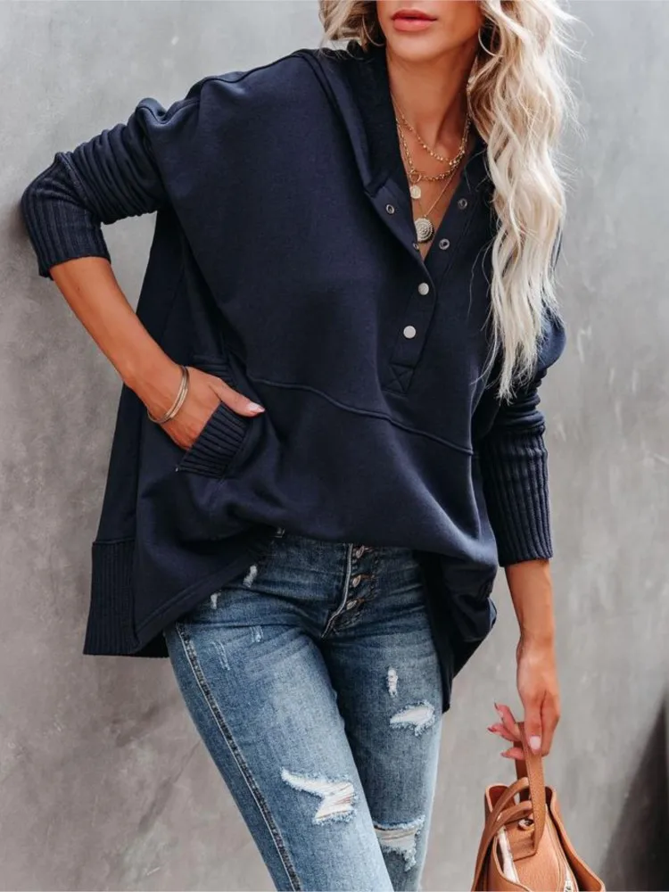 Autumn Winter V-neck Hooded Batwing Sleeve Hoodie Threaded Splicing Top For Women Pullovers Casual Loose White Women Sweatshirt
