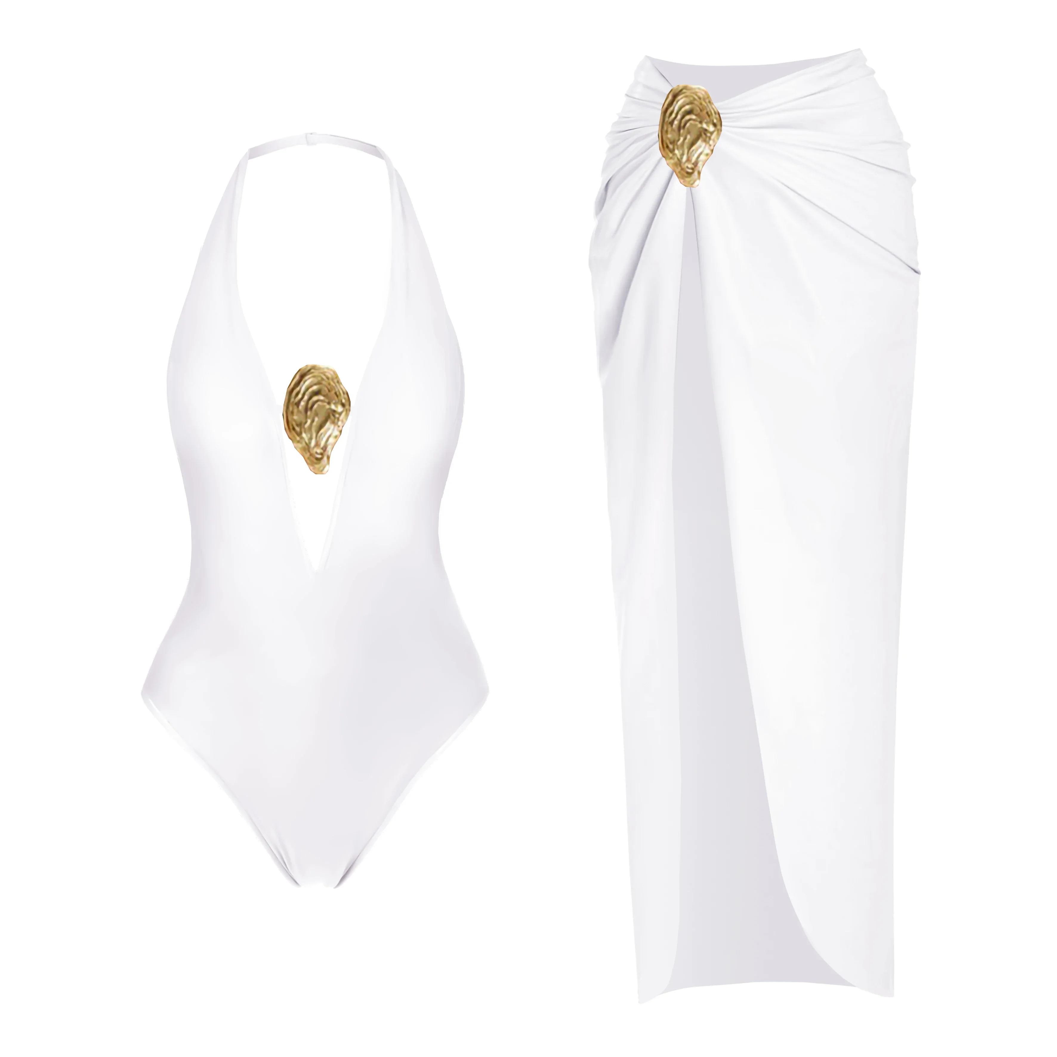 Sexy branco profundo decote em v halter maiô de uma peça com fenda alta e detalhes dourados perfeito para festas noturnas maiô feminino