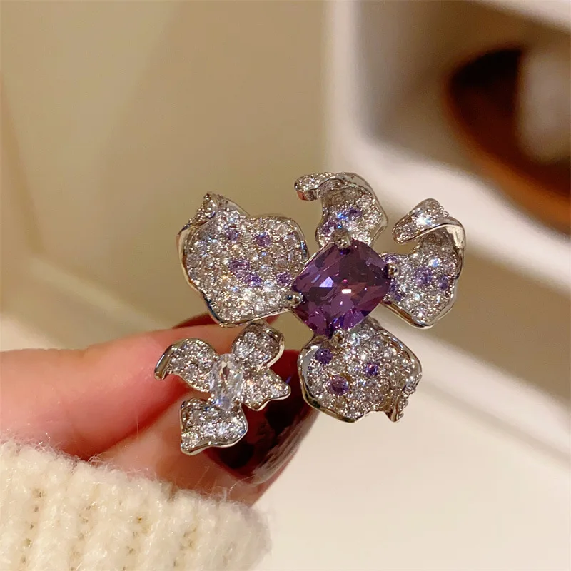 Super Beautiful Retro Sparkling Violet Iris Full Zircon Ring Elegant and Versatile for Women Colorful Opening Finger Ring