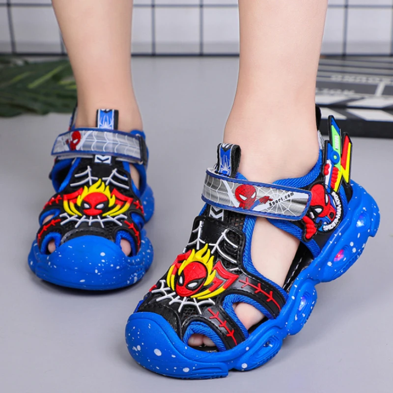 Disney LED Sport Sandals Summer Cartoon Spiderman Sandals for Boys Casual Beach Shoe Soft Sole Kids Shoes