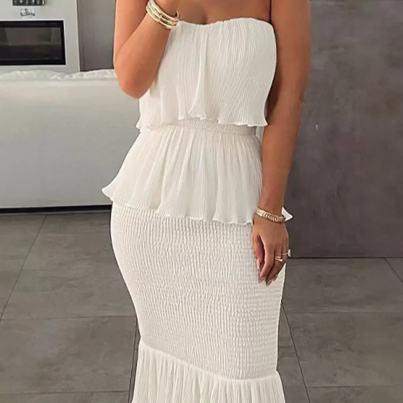 Foreign Trade Cross-Border2023Simple Regular Tube Top Smocking Pleated Ruffled Long Dress