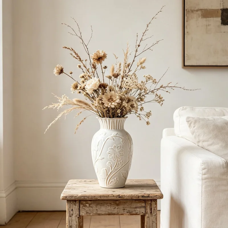 

French White Ceramic Vase Living Room Floral Decor Piece Artificial Flower Container Home Decoration