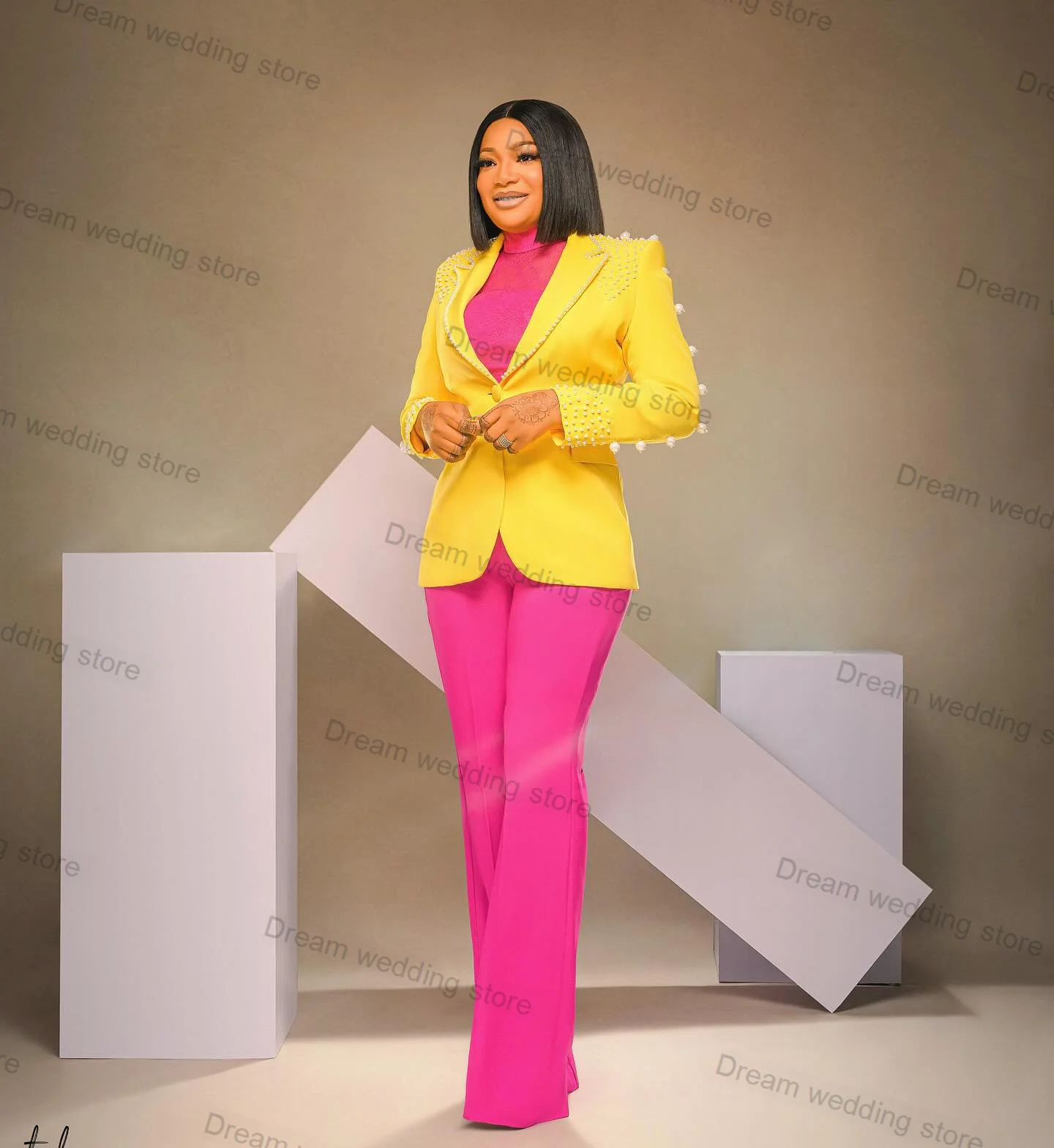 Pearls Women Suits Pants Set 2 Pcs Yellow Blazer+Pink Trousers Formal Prom Dress Wedding Guest Tuxedos Office Lady Jacket