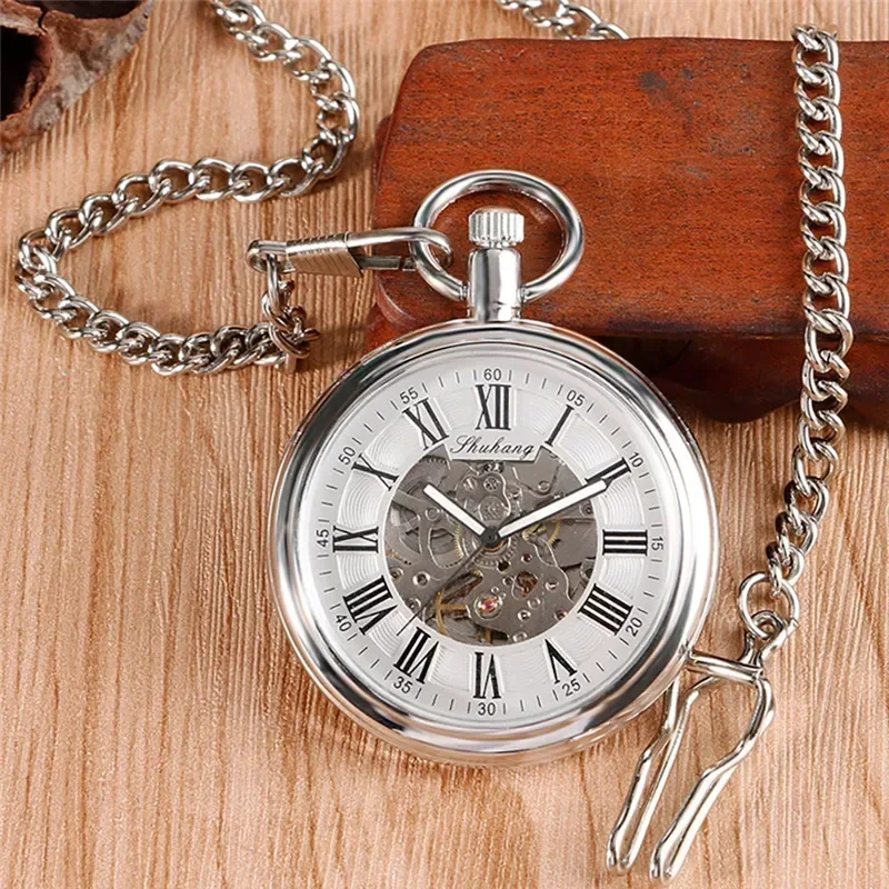 Antique Style Open Face Pocket Watch Unisex Automatic Mechanical Watches with Luminous Hands Roman Number Design Pendant Chain