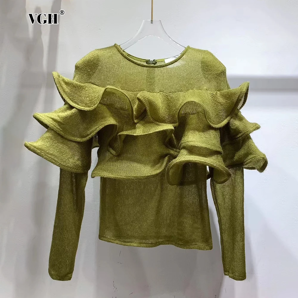 VGH Solid Casual Spliced Ruffles Bloses for Women Round Neck Long Sleeve Slimming Fashion Designer Shirts Female Autumn Clothing