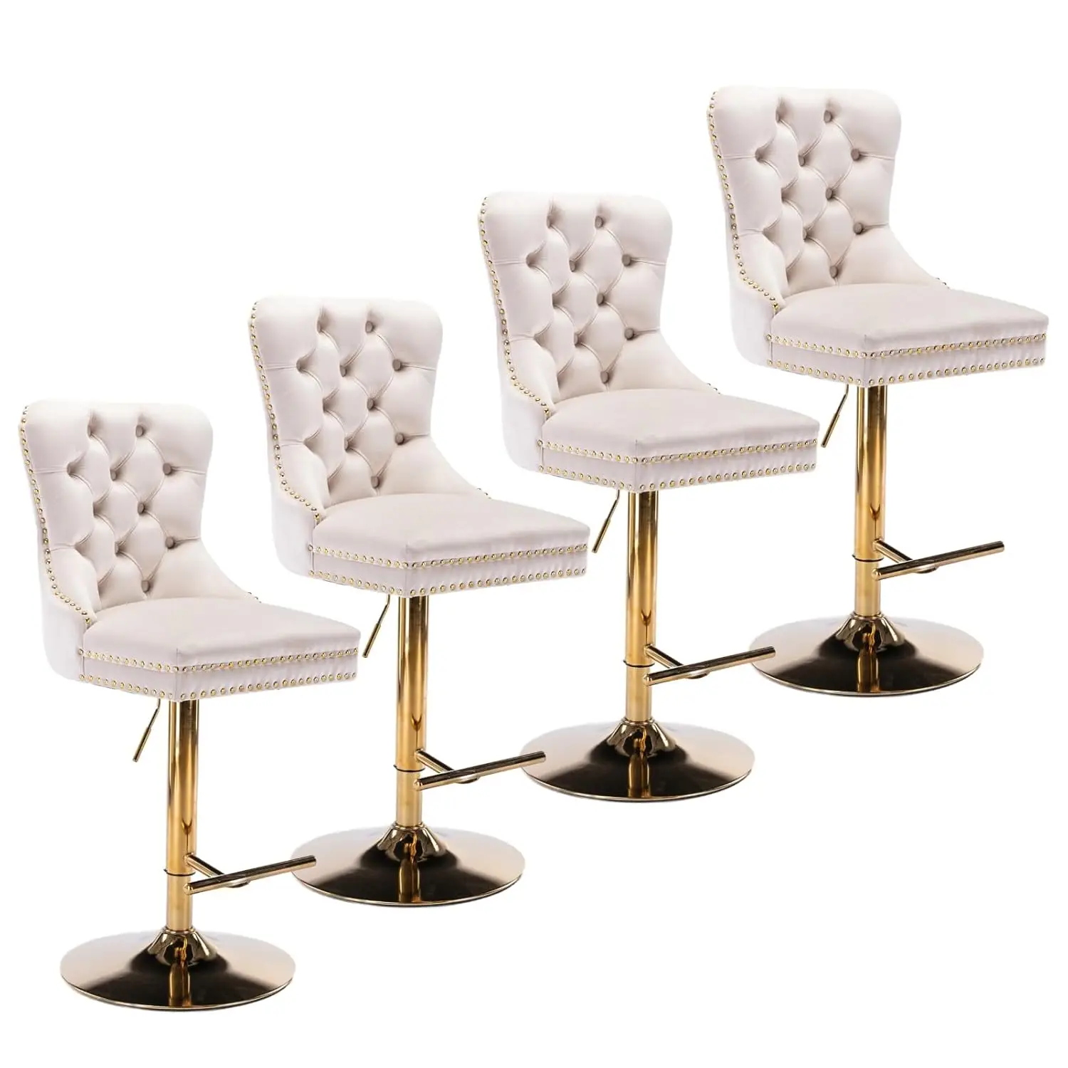 

Набор из 4 барных стульев с регулируемой высотой, вращающиеся барные стулья с тафтинговой спинкой и золотой металлической основой, бархатная ткань, по индивидуальному заказу