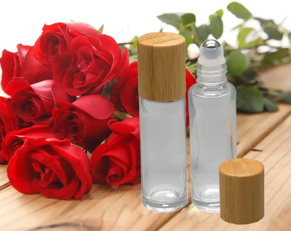 12Pcs 10ml Glass Roll on Bottle with Bamboo Lid for Essential Oils Refillable Perfume Bottles with Stainless Steel Roller Ball