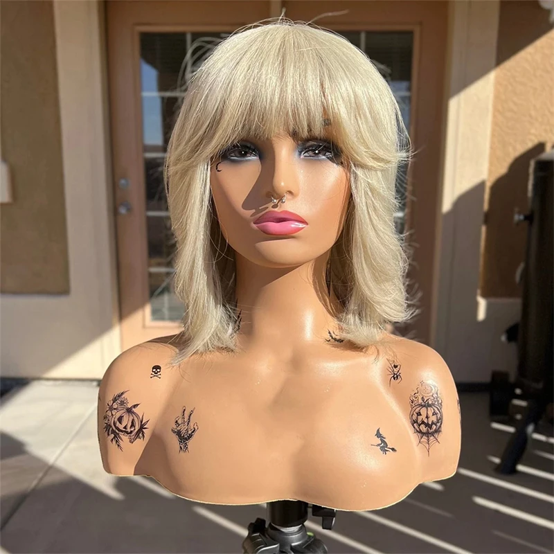 New Fashion Bob Wig Platinum Blonde Synthetic Wig with Bangs for Women Short Straight Wig Futura Heat Resistant Cosplay Hair Wig