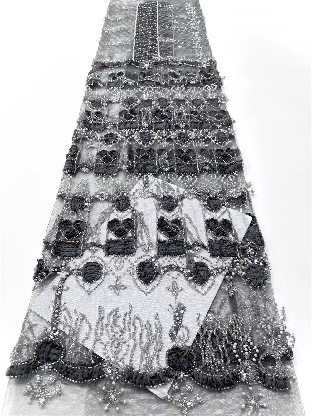 Luxury Lace Fabrics 2025 High Quality White Beaded Lace Fabric 5 Yard African Lace Materials Fabric For Wedding Dress Red H121-1