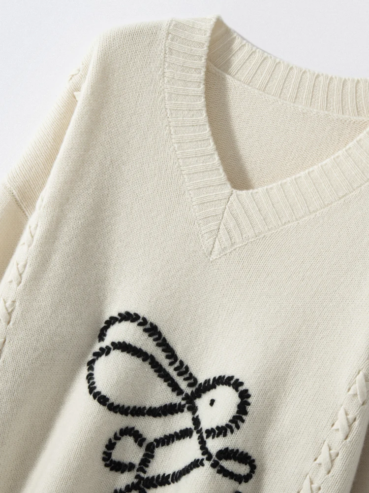 

New Chic Women's V-Neck Pullover Sweater Belted Design Handcrafted Rabbit 100% Cashmere Knitwear Retro Lazy Thick Warm Clothing