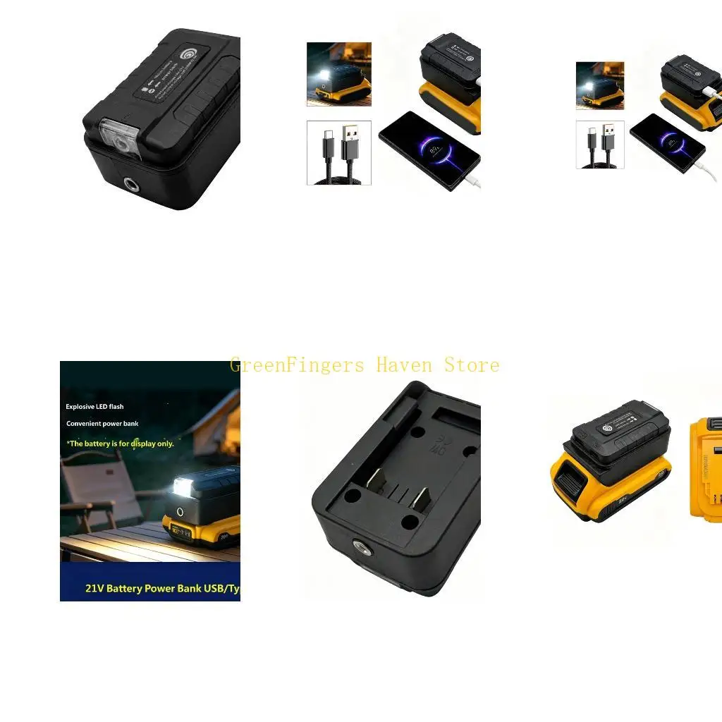 F68D Battery Adapter with LED Work Light, 21V Input, 5V Output, Slide-On Battery Dock, and Button Control for Home Repairs and