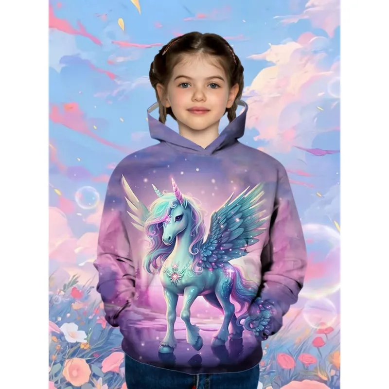 Children's Sweatshirt Kid Adorable Pony 3D Print Hoodie Fall Spring Outdoor Clothes for Children Long Sleeve Cartoon Unicorn Top