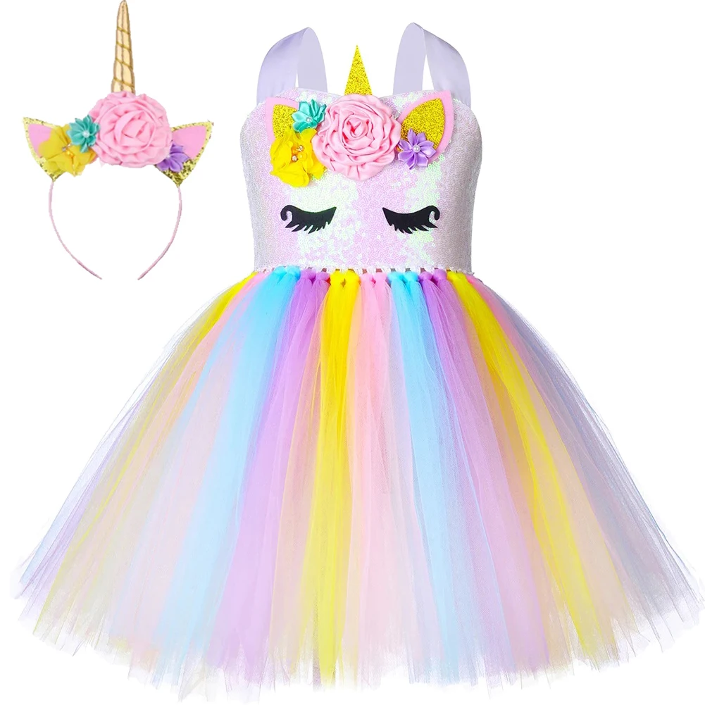 Marolon Unicorn Costumes for Girls Birthday Party Ballet Tutus Kids Halloween Carnival Tutu Dress Outfit with Hair Bow Wings Set