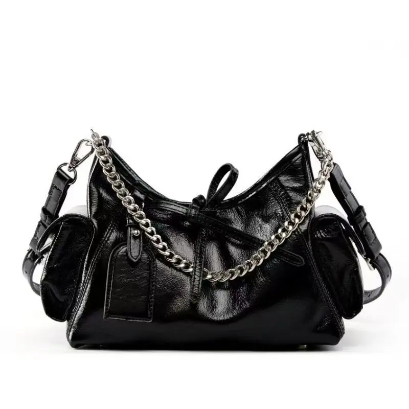 Crossbody Shoulder Bag PU Shiny Waxed Crossbody Shoulder Bag Thick Metal Chain Multi Pocket Womens Large Capacity Commute