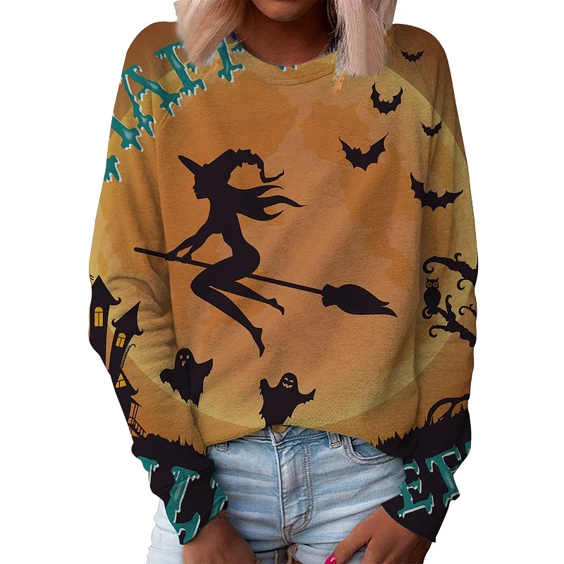 loween Print Long Sve round Ne Sweater Street Sle Women's Hoodie Thiened Cotton Blend Loose Fit Fall Faion