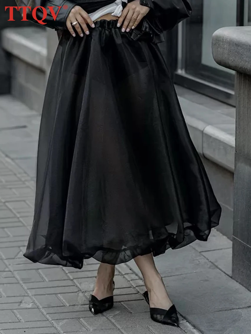 

TTQV Fashion Loose Black Women's Skirt 2026 Sexy High Waist Ankle Length Skirt Elegant See Through Pleated Skirt Female Clothing