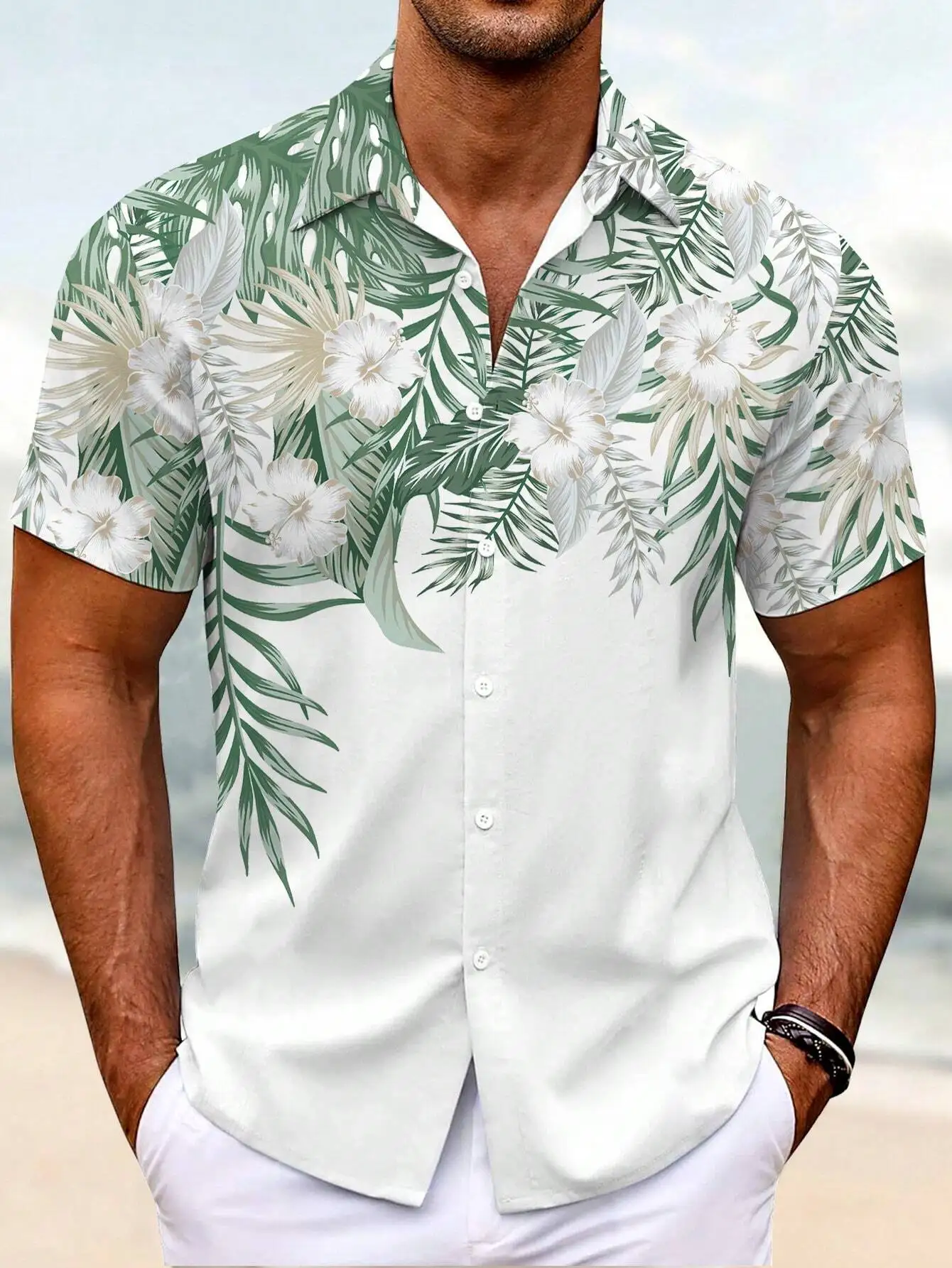 

Men's White Short Sleeve Button-Up Shirt with Tropical Leaf and Flower Print for Summer Vacation