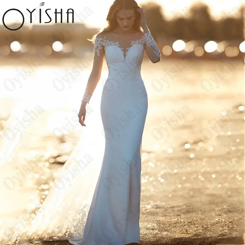 Oyisha Illusion zurück Applikationen Brautkleid für Frauen Langarm Meerjungfrau Brautkleider V-Ausschnitt Satin Vestido de Novia nach Maß Illusion Back Appliques Hochzeitskleid für Frauen lange Ärmel Meerjungfrau Braut