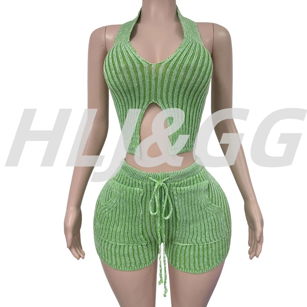 HLJ Fashion Stripe Print 2 Piece Sets Woman Outfit Halter Backless Slim Crop Top + Bodycon Shorts Female Streetwear Spring New