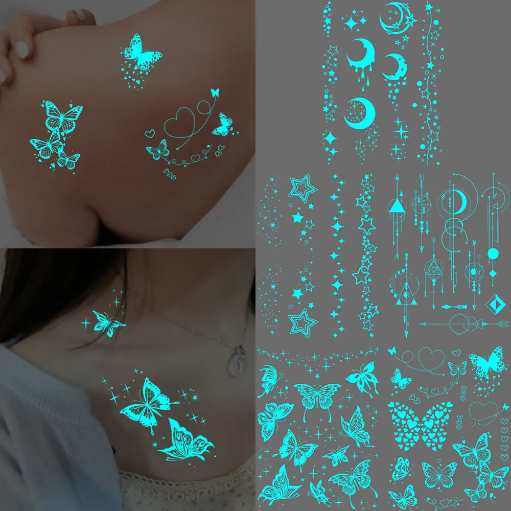

5 шт. синих светящихся водостойких временных татуировок-наклеек: Луна, Звезда, Сердце, Линия. Быстросъемные тату для женщин и мужчин, для рук и тела.