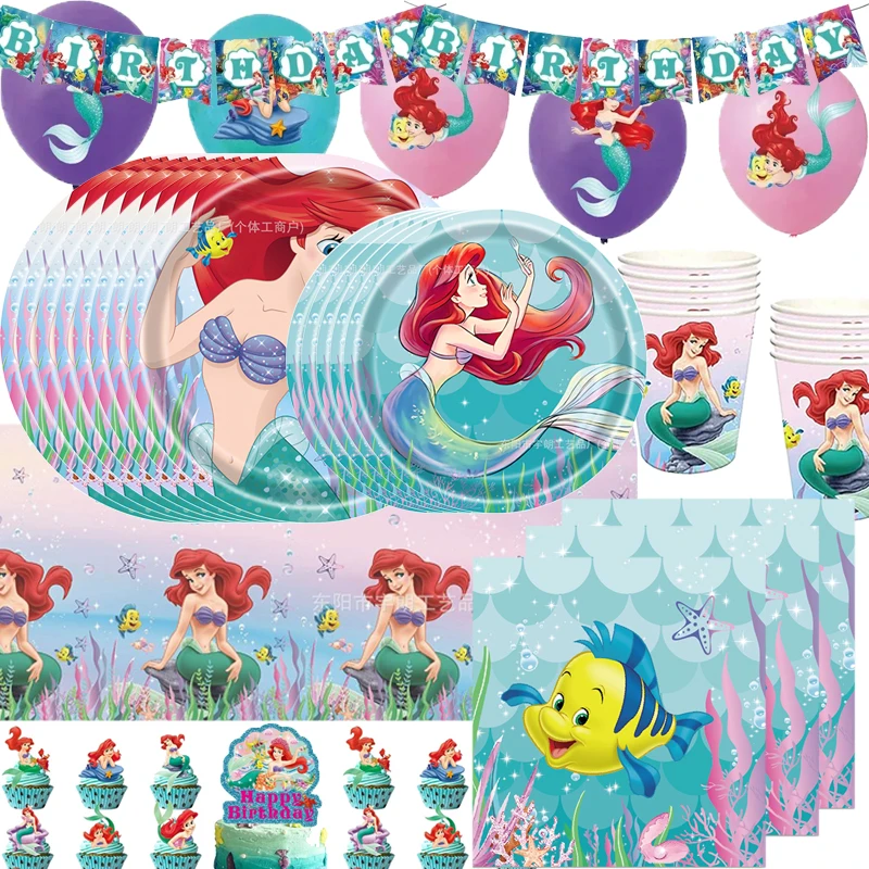 Fournitures de ixsur le Thème de la Petite Sirène, Princesse Ariel, Serviettes en Papier, Assiettes, Gobelets, Ballons, Décoration de ixd'Anniversaire pour Enfant Fille, Cadeau