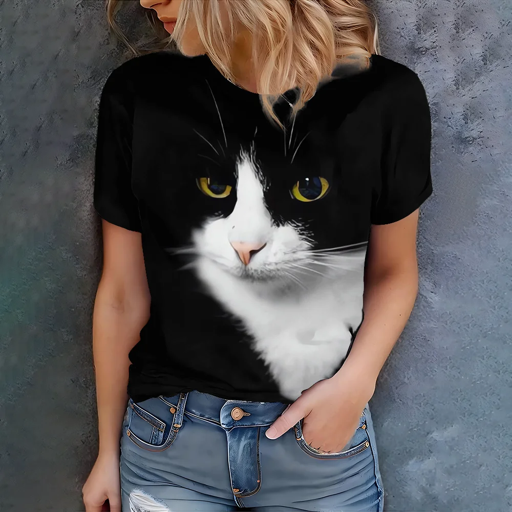 

Black Cat Green Eyes Cool Black Women's Printed T-shirt, a must-have trendy item for summer -2025 Summer New Product