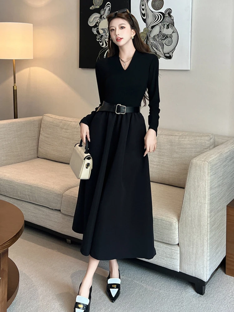 Ropa de calle para mujer, suéter informal de punto negro, Simple, con cuello en V, cinturón ajustado, vestido largo acampanado, Vestidos elegantes para mujer, bata elástica