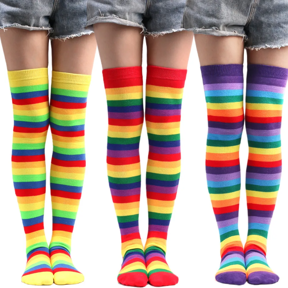 Bas arc-en-ciel colorés, chaussettes longues rayées, chaussettes hautes au genou, uniforme JK pour écolières, accessoires de cosplay d'Halloween, nouveau