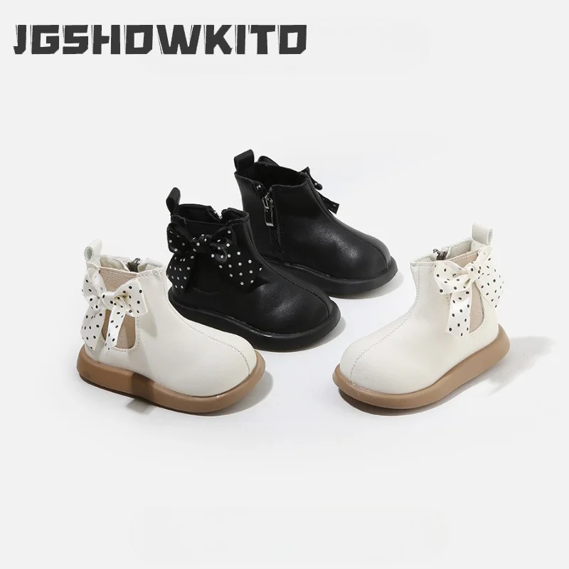 JGSHOWKITO Girls Ankle Boots Princess Polka Dot Bow Decor Children Short Boots Side Zipper Non-slip Kids Outdoor Leather Boots