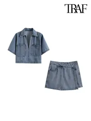 TRAF Women Fashion With Pockets Denim Crop Shirts And High Waist Asymmetric Shorts Skirts Female Two Piece Sets Mujer