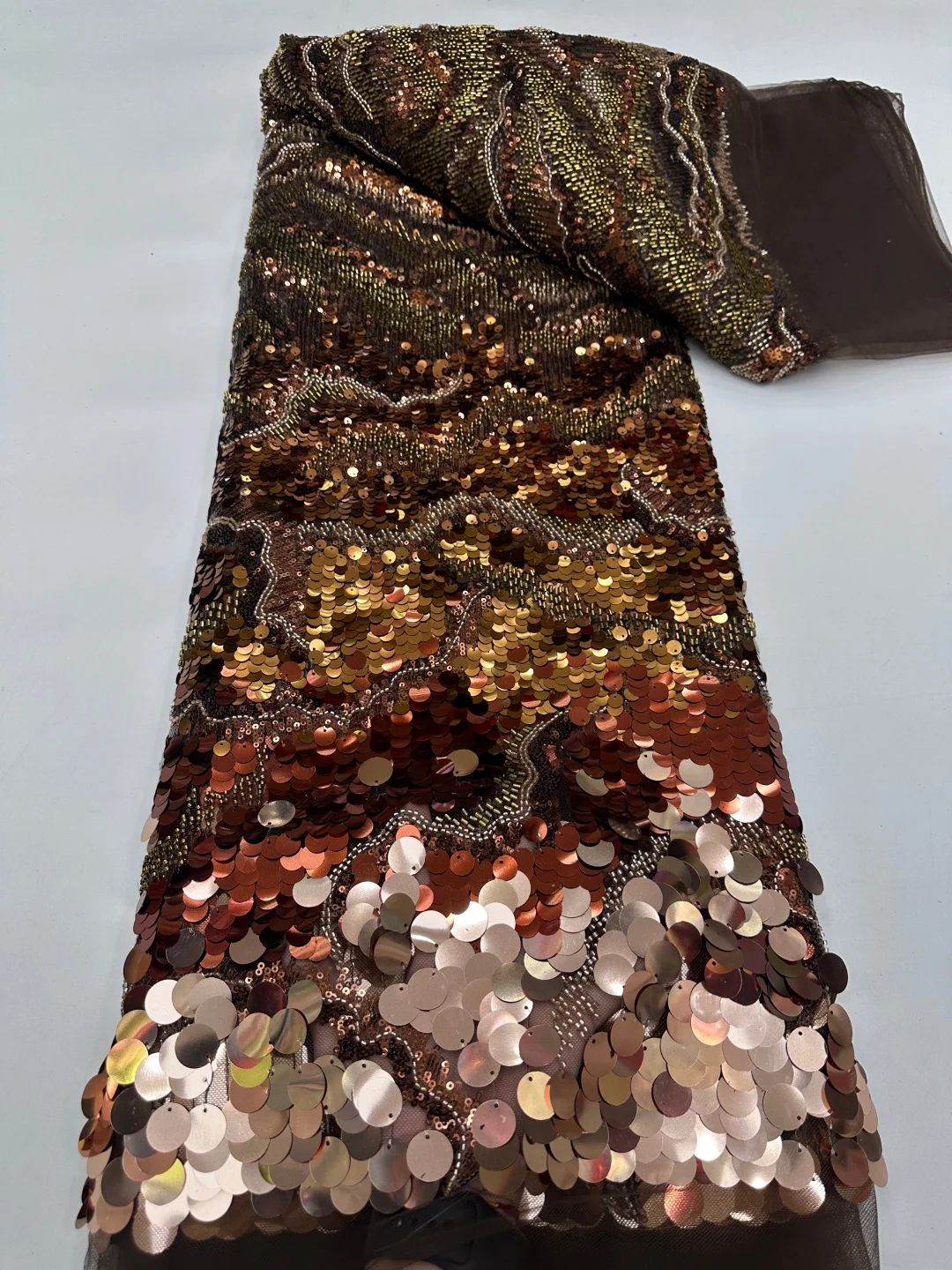2026 Antique Gold Multi‑Size Sequined Mesh Fabric, Retro Mixed Large Sequin Lace for Formal Occasion Dresses 5 Yards AT3033-A1