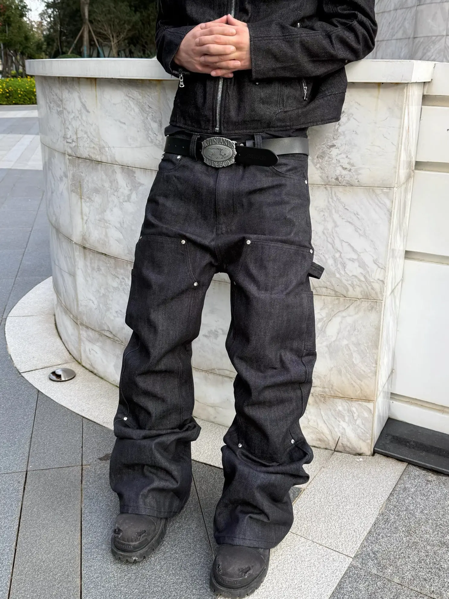 

Американские джинсы из твердой древесины в стиле ретро, лоскутные джинсы трапециевидной формы со стразами и широкими штанинами, длинные брюки с микро-клеш, повседневные прямые брюки...