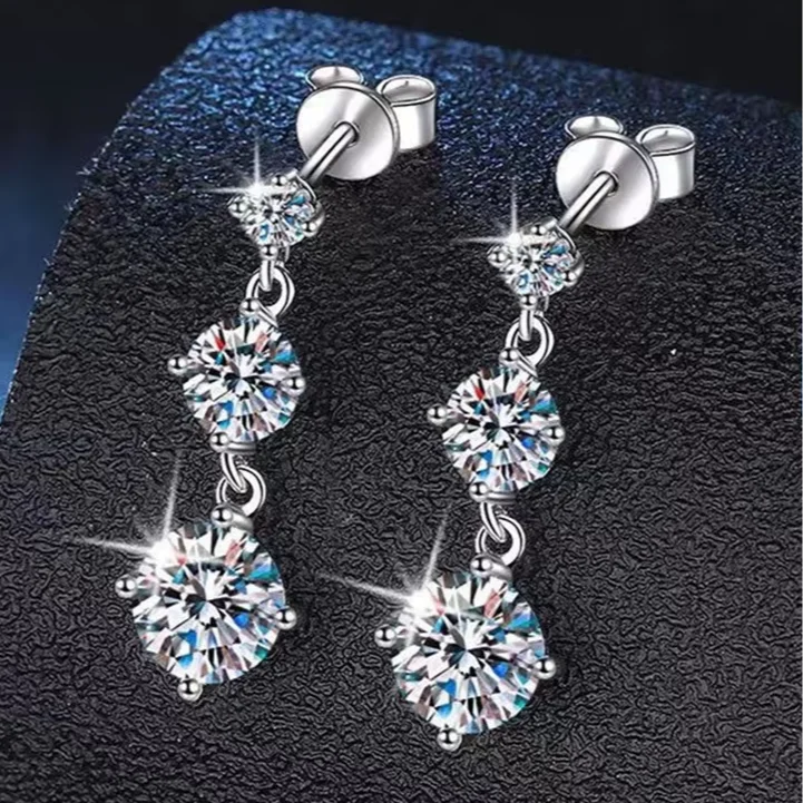 

Fine Jewelry 3.2ct Three Stone 925 Sterling Silver VVS Moissanite Earrings S925 Silver Moissanite Dangle Drop Earrings