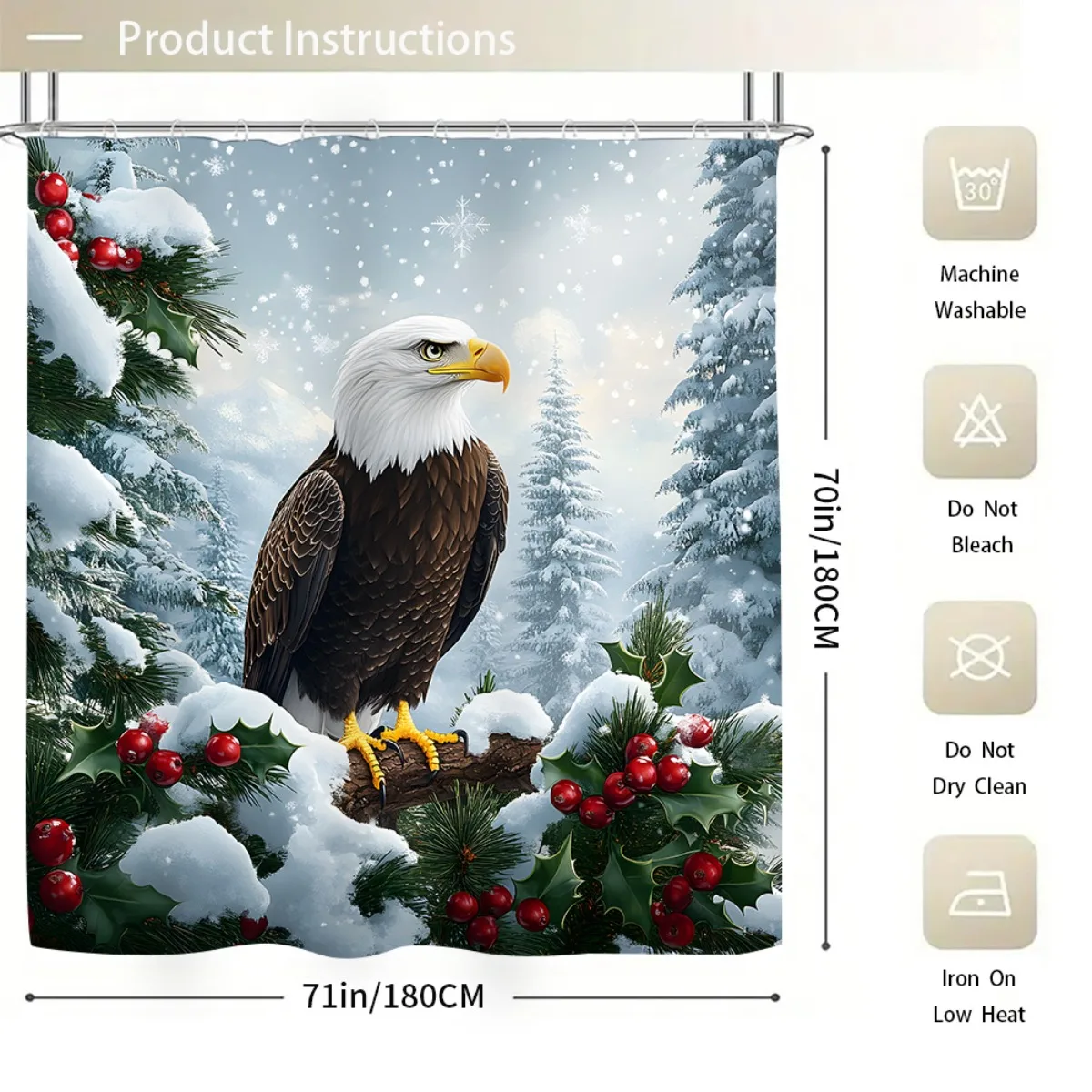 4pcs  Cartoon Christmas Bathroom Decor Set with Bald Eagle Snow Scene Shower Curtain, Non-Slip, Toilet Lid Cover - Festive
