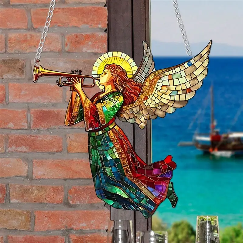 A76I-Christmas Angel Sun Catcher, Stained Glass Window Hanging Acrylic Disc Pendant Christma Gift