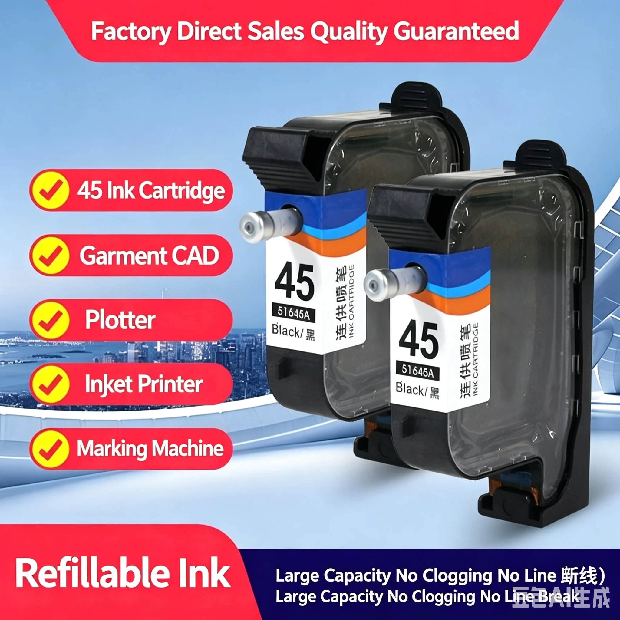 Cartuchos de tinta recarregáveis para HP 45 para HP Deskjet 9300 / 6122 / 3820 / 1280c / 1180c / 930c / 950c / 990cxi / 895cxi / 870cxi