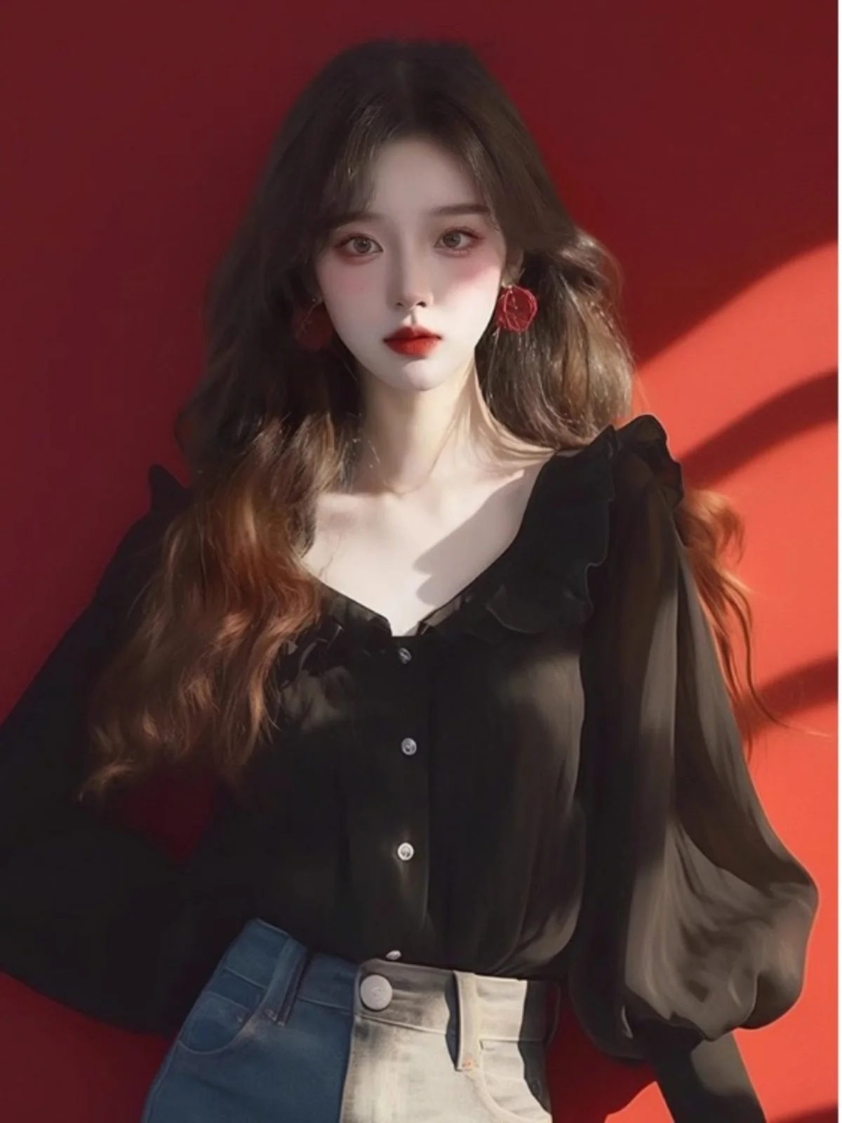 

Ele Hepburn Sle Loose Fit Lantern Sve irt Spring New Arrival Thin Pure Color Versatile Chiffon Top Commute Sle