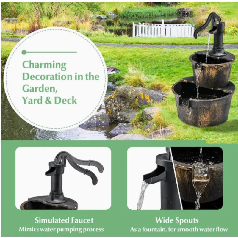 Garden outdoor landscape decoration fountain double-layer plastic imitation wooden barrel solar fountain running water