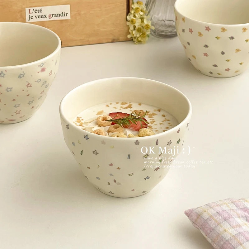 Floral Print Ceramic Bowls Household 5.5 Inch High Temperature Applique Craft High Aesthetic Tableware Breakfast Oats Bowl