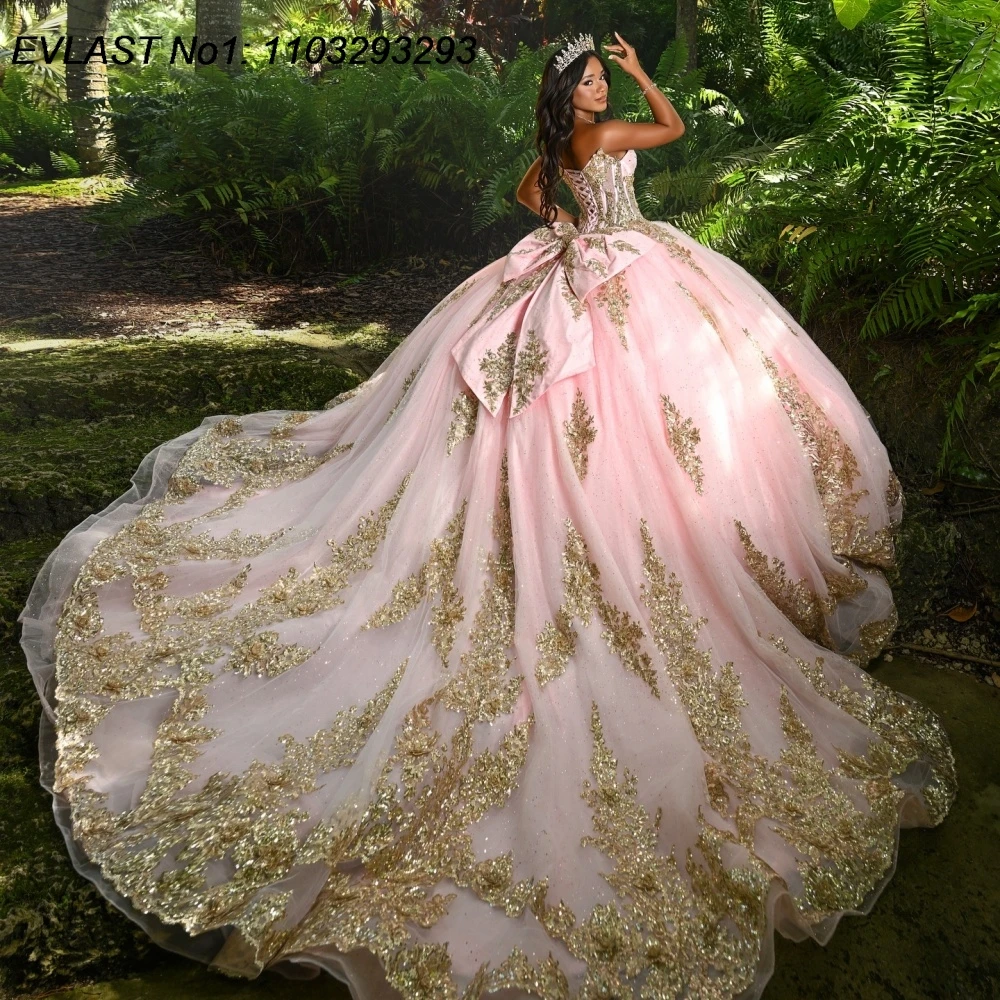 EVLAST Customized Glitter Pink Quinceanera Dress Ball Gown Gold Lace Applique Beading Bow Sweet 16 Vestidos De 15 Anos E1QN867