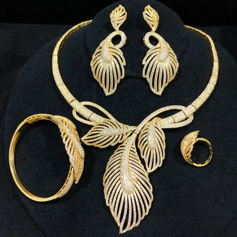 

GODKI 4PC BIG Flower Leaf Luxury African Jewelry Set For Women Wedding Party Naija Bride Necklace Dubai Bridal Dress Jewelry Set