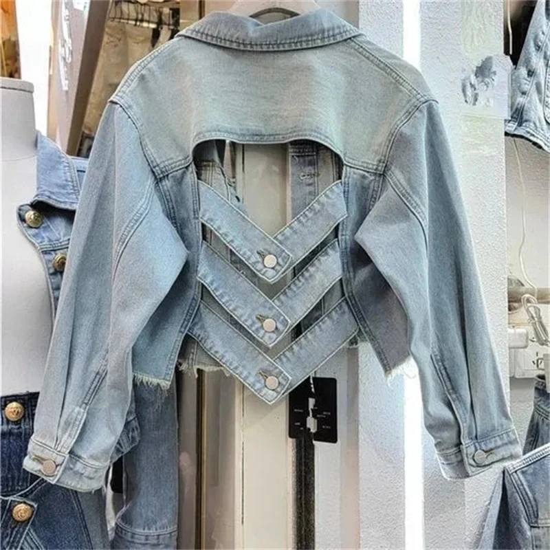 

2024 Spring Denim Jacket Women’s Design Sense Back Hollowing Out Ladies Outerwear Versatile Self Cultivation Female Cowboy Coat