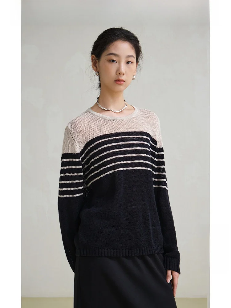 

Женский классический художественный пуловер из льняного хлопка в полоску с круглым вырезом, весенний, для повседневной носки