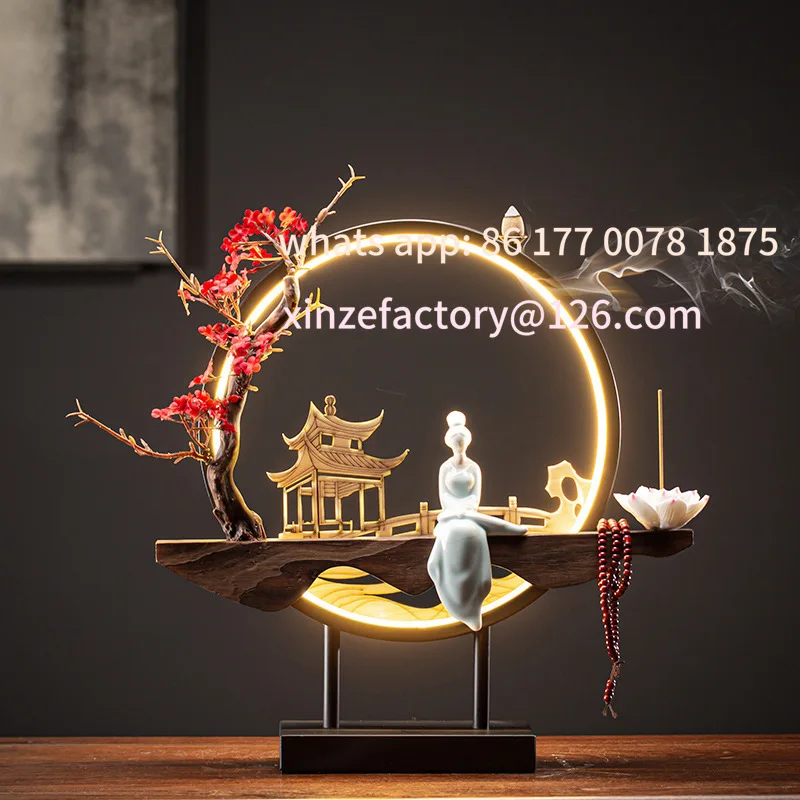 

Customizable USB Light Ring Ornament LED Light Reflux Incense Burner Simulation Tree Ceramic Lotus Buddha Bead Home and Office