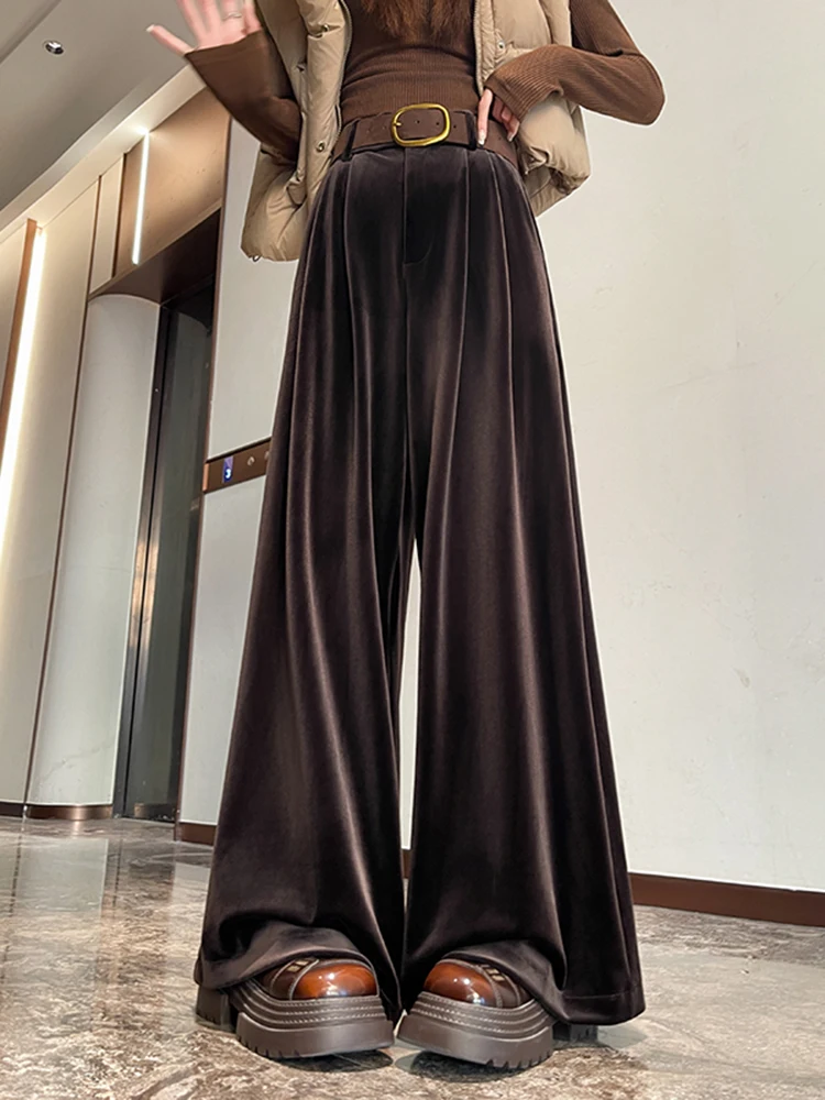 Spodnie damskie z wysokim stanem, szerokimi nogawkami, z złotego aksamitu, luźne, codzienne, jesienno-zimowe, nowe spodnie garniturowe, zwiewne, luźne, długie spodnie.